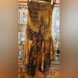 Vintage Ralph Lauren 100% silk Dk browns Floral Ruffled lined Sheer Dress